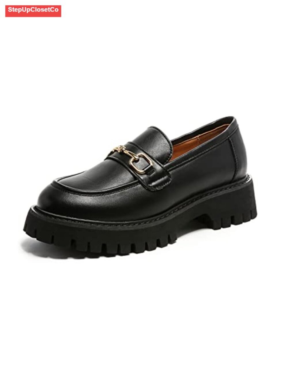 Women's Chunky Platform Loafers Slip On Round Toe PU Leather Lug Sole